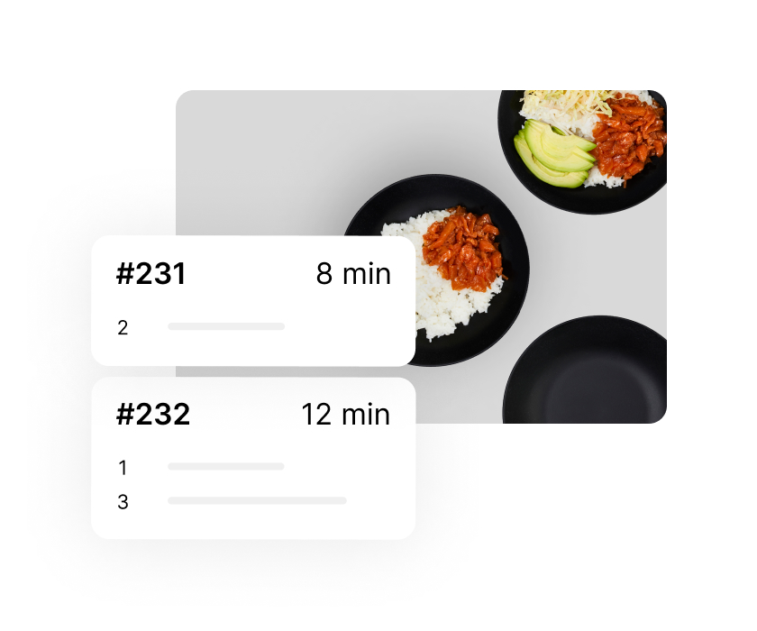 Bild mit mehreren Bowls, wie sie in einem Restaurant serviert werden. Beispielhafte Anzeige von digitalen Bons, wie sie auf dem KDS angezeigt werden. Die Bons werden direkt von dem Lightspeed Kassensystem an das KDS weitergeleitet.