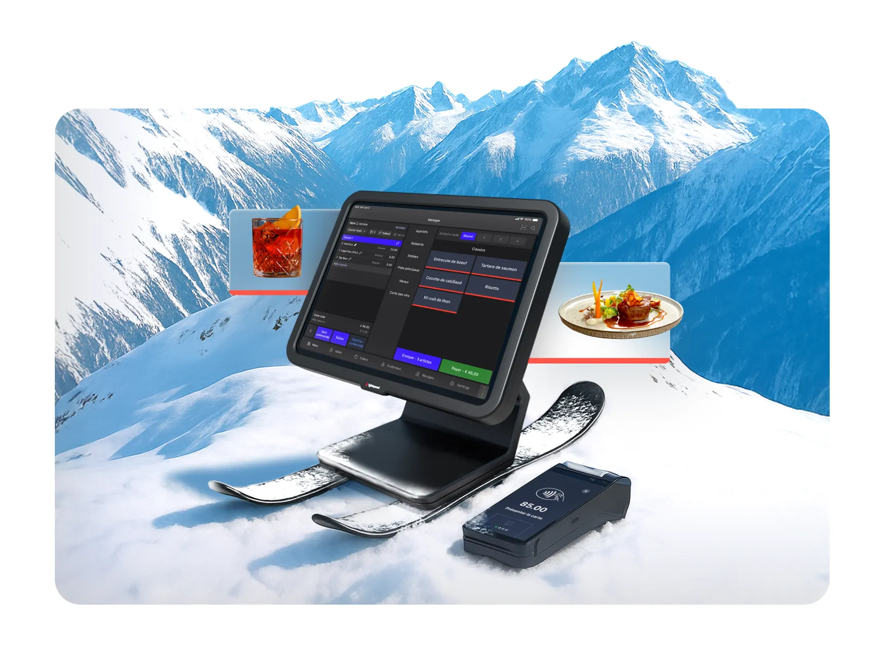 Kassensystem auf Skis, auf einem Berggipfel