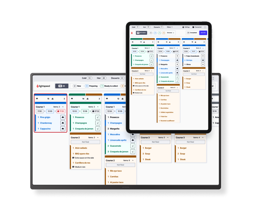 Ein großer Bildschirm und ein Tablet, beide mit der Anzeige des Lightspeed Küchenmonitors (KDS).