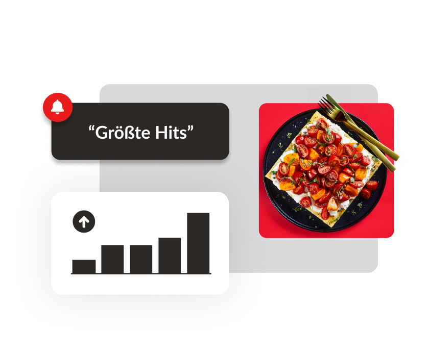 Ein beispielhaftes Gericht aus einem Restaurant. Daneben ein Diagramm und die Überschrift "Größte Hits", symbolhaft für die Advanced Insights Anwendung des Lightspeed Kassensystems.