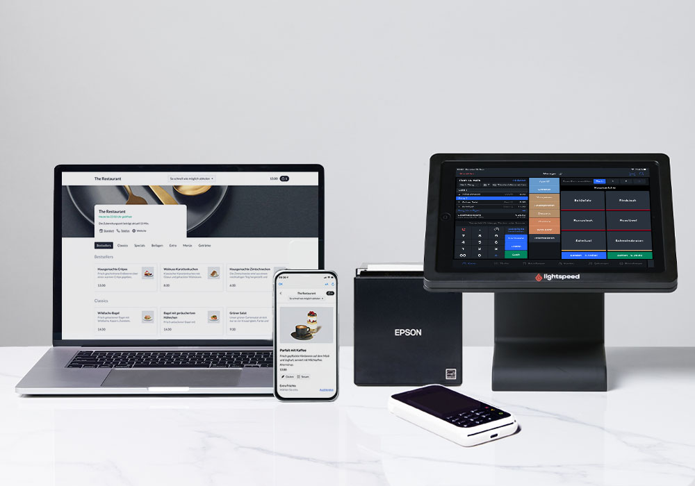Lightspeed Kassensystem Technologie-Sammlung: Laptop, iPhone, Drucker, Kartenleser, iPad Kassensystem auf Ständer