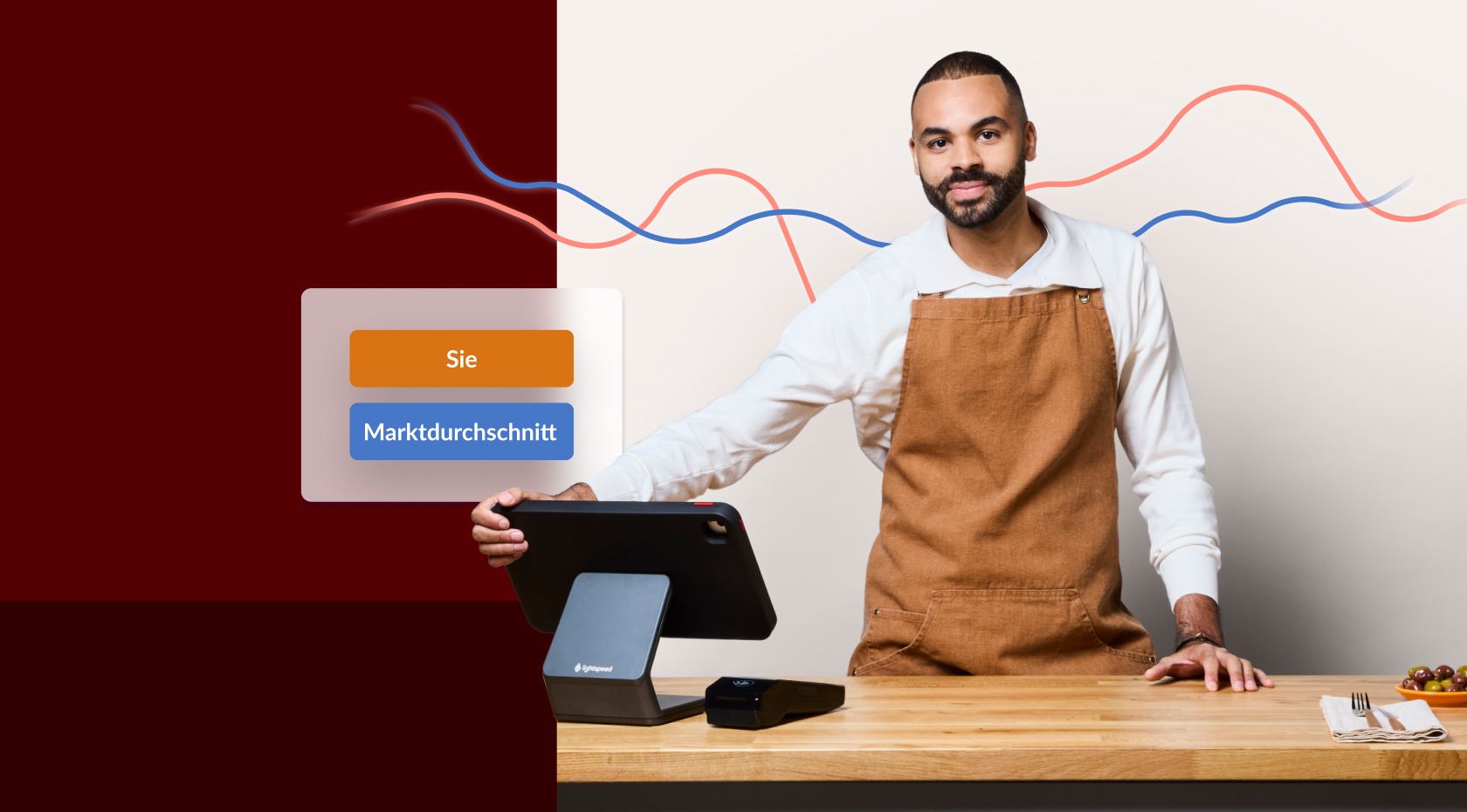 Ein Bild mit einem Restaurantmitarbeiter, der ein mobiles Kassensystem bedient.