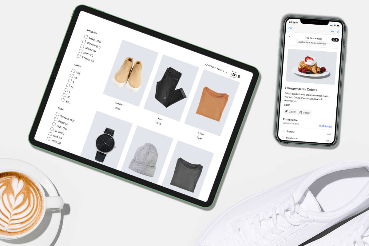 iPad mit eCommerce Interface und iPhone mit Order Anywhere Interface